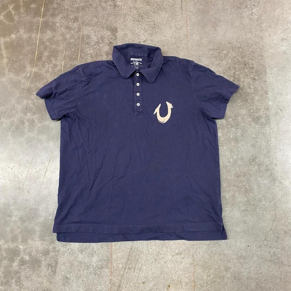 True Religion Men's Polo Shirt Navy Collared Horseshoe Logo Size XXXL‎